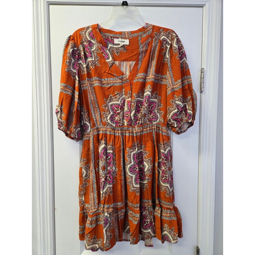 Porridge Anthropologie Rust Orange Paisley Boho Babydoll Dress Puff Sleeve XS